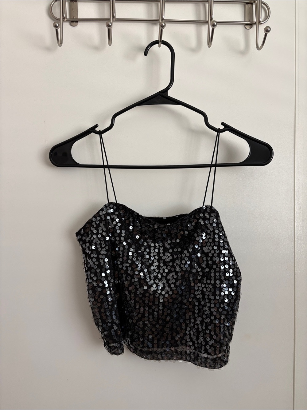 American Eagle Outfitters Black Sequin Spaghetti Strap Crop Top